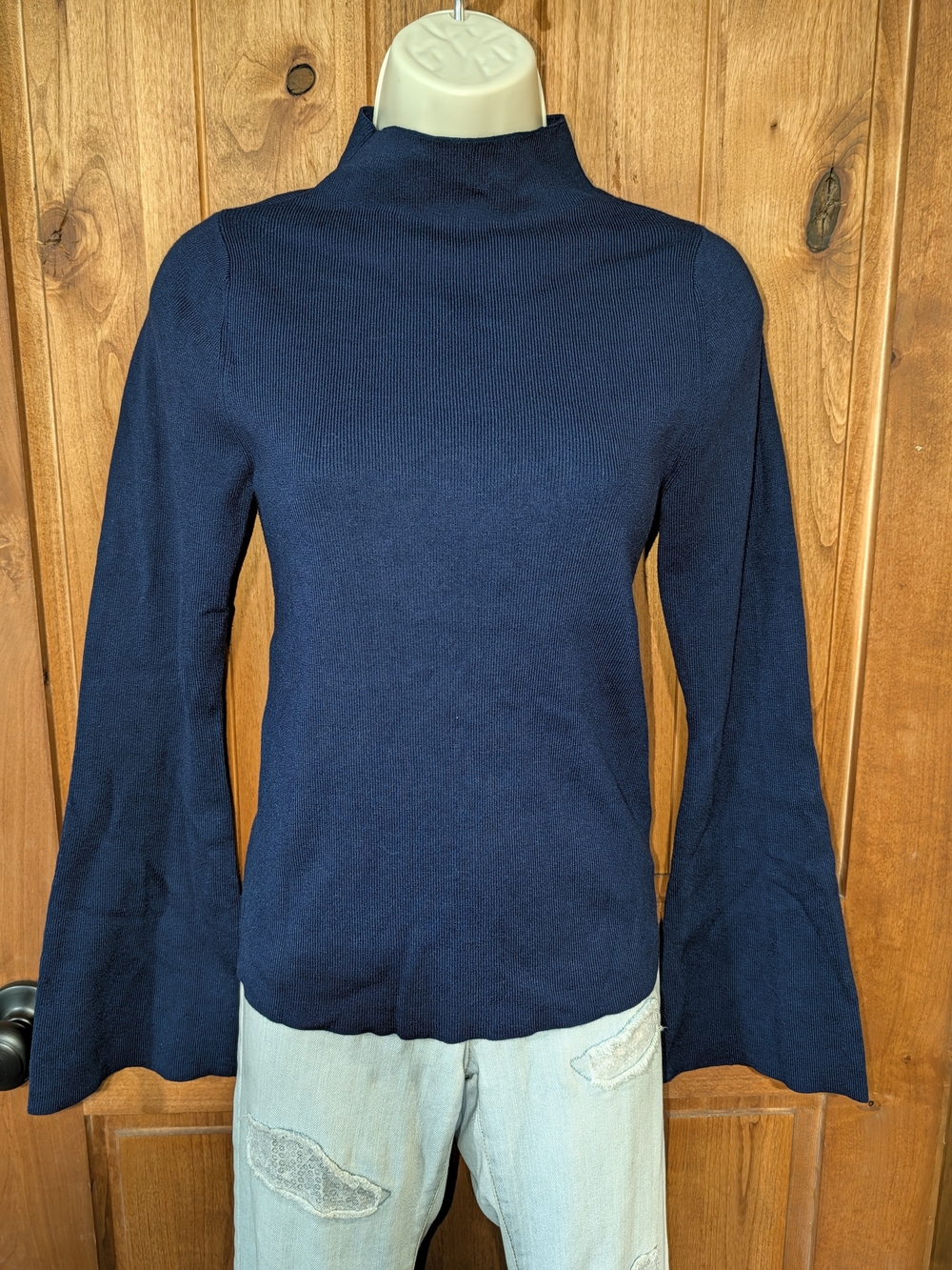 Maeve By Anthropologie Navy Mock Neck Bell Sleeve Sweater